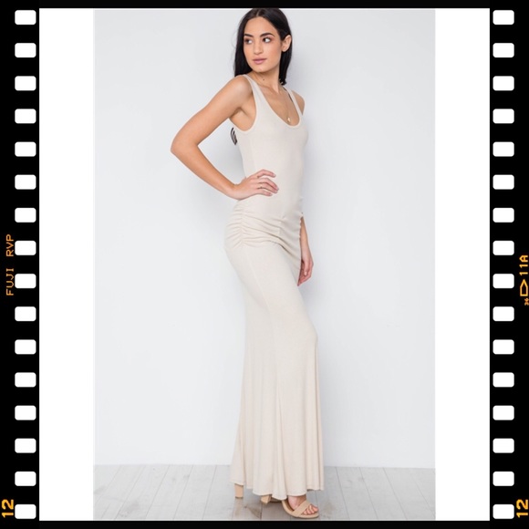 TAUPE RUCHED SIDE JERSEY TANK KNIT MAXI LONG DRESS - Picture 2 of 8